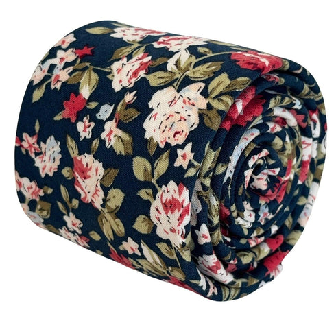 Navy with pink peony rose flower floral design cotton neck-tie